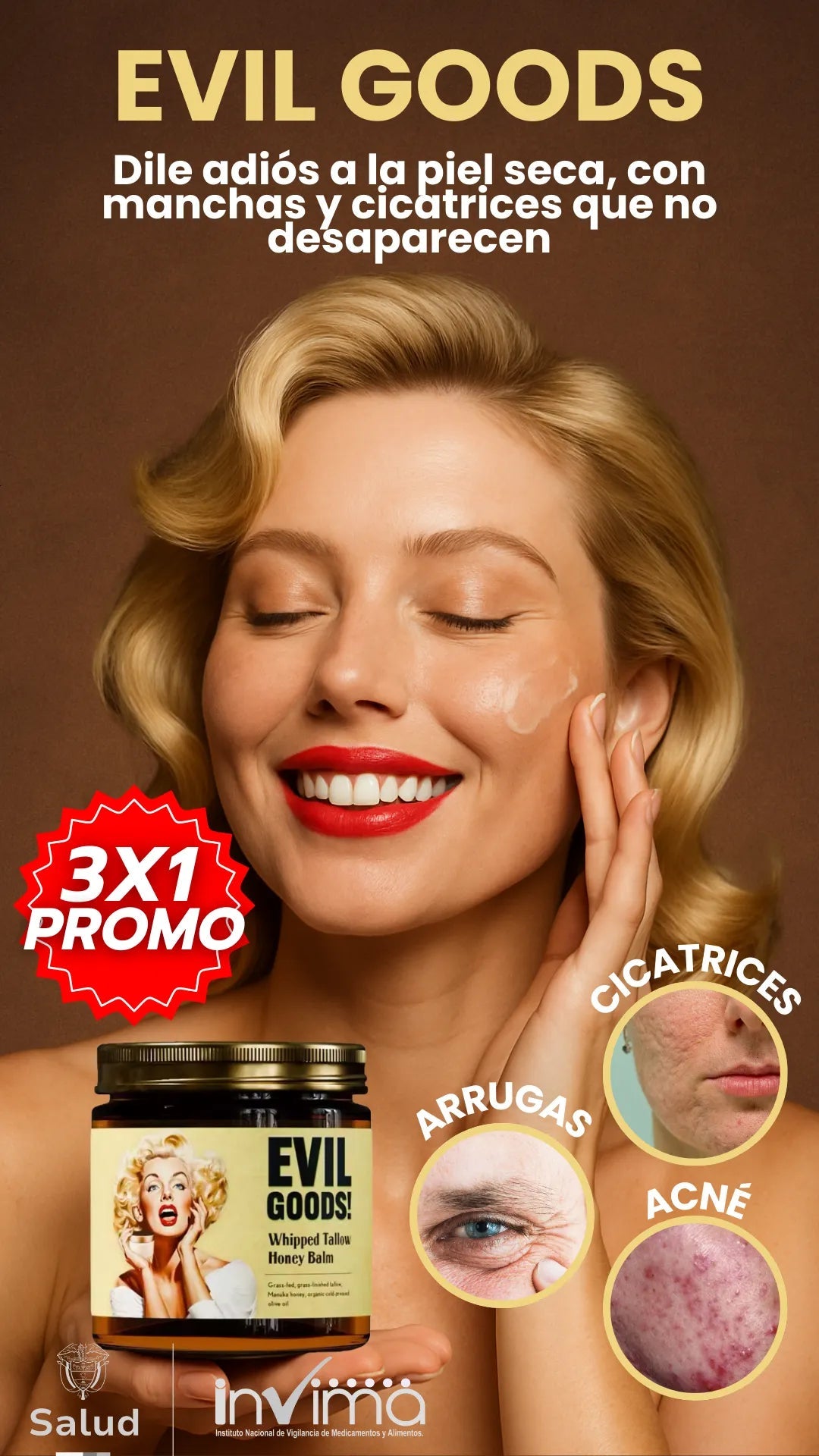 OFERTA 3X1 EVIL GOODS™: Sebo de res natural antiedad, elimina manchas y cicatrices Tienda Colombia 🇨🇴